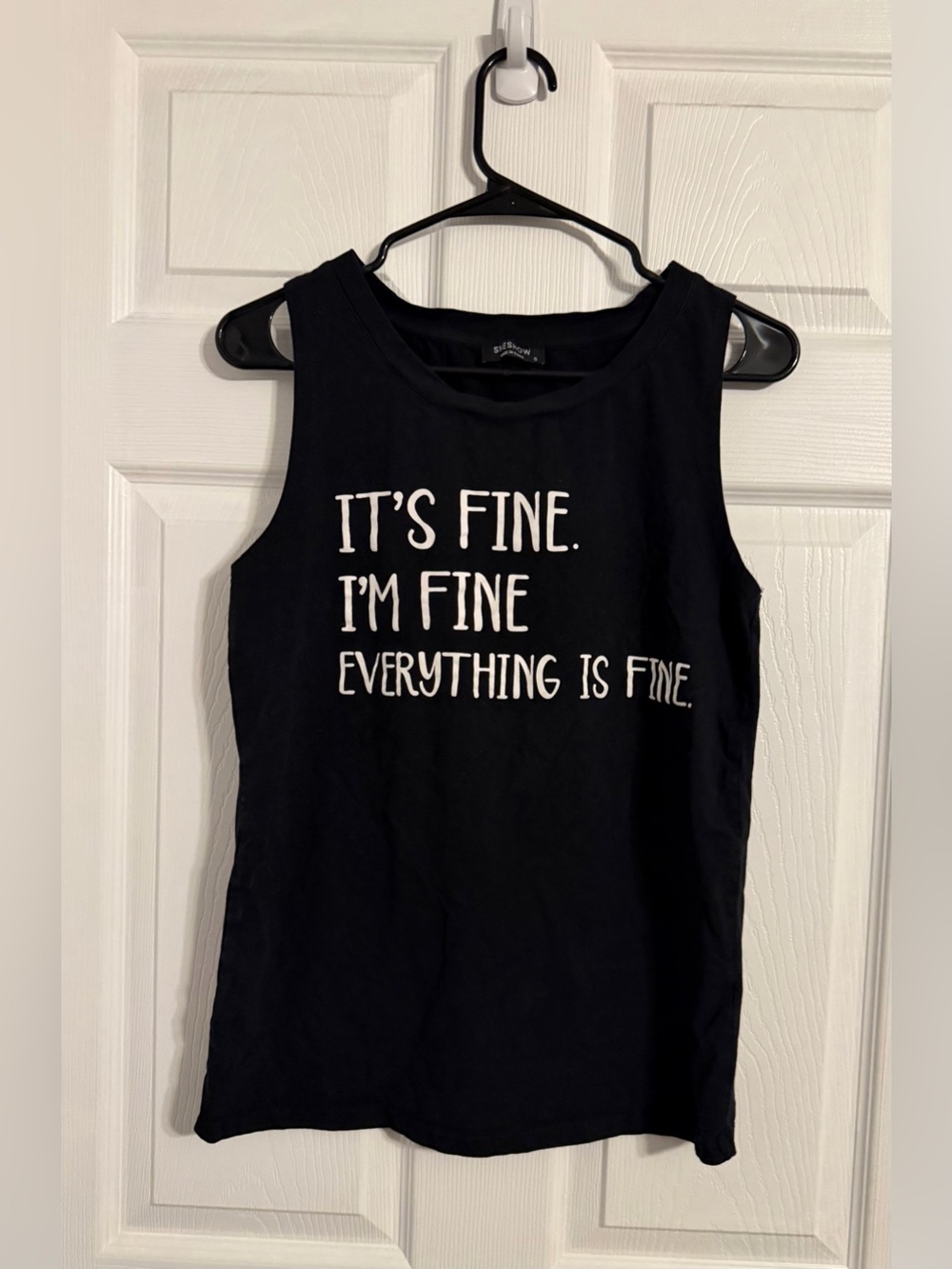 Sheshow Women’s Size Small Wide Strap Tank Top Black With “it’s Fine, I’m Fine,”